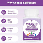 ADEK Vitamins Supplement, Vitamin A + Vitamin D3 + Vitamin E + Vitamin K1 + Vitamin K2, ADK Vitamin Supplement with Minerals and Antioxidants, Gluten-Free, 60 Capsules