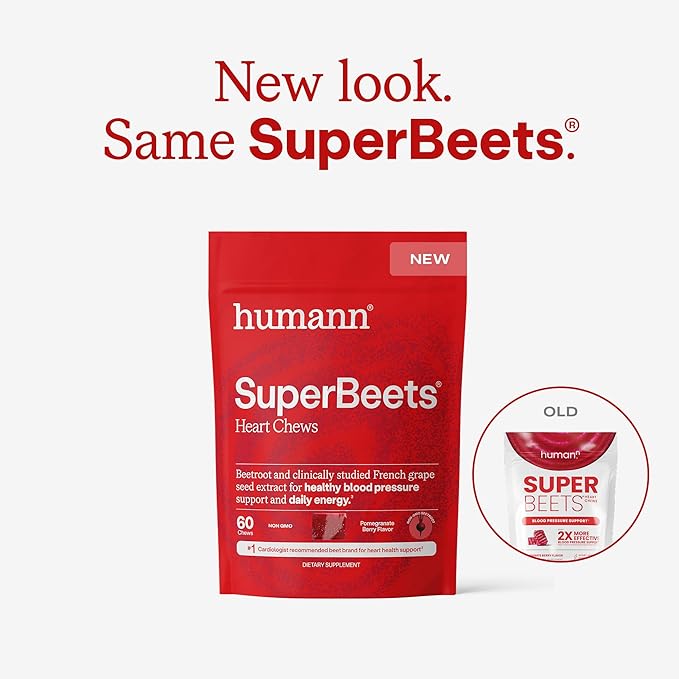 Humann SuperBeets Heart Chews, Beet Root Powder Support Energy Supplement, Nitric Oxide and Blood Pressure Support, Grape Seed Extract & Non-GMO, Heart Health, Pomegranate Berry Flavor, 60 Count