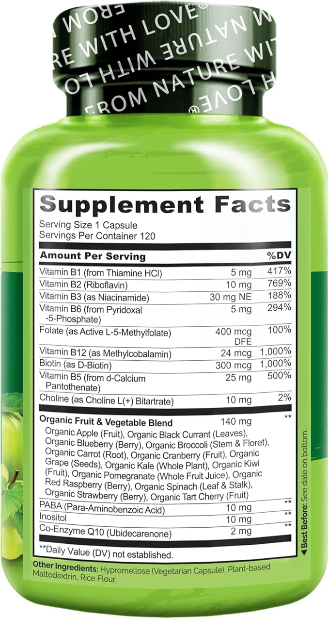 NATURELO Vitamin B Complex,120 Capsules, Vegan, CoQ10, Methyl Folate, Biotin, Fruit & Veg Blend, Supports Energy and Healthy Stress Response, Super B Complex Vitamins for Women and Men