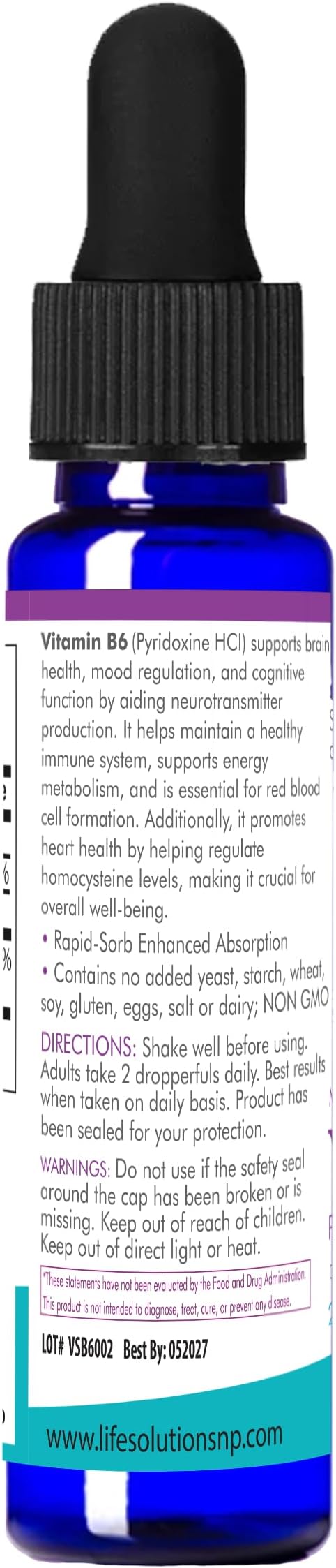 Life Solutions Vitamin B6 Pyridoxine HCI - B Vitamins Supplement, B6 Vitamins 25mg,- Essential B6 Supplement for Metabolism, Energy, and Nervous System Support 2oz Liquid Dropper