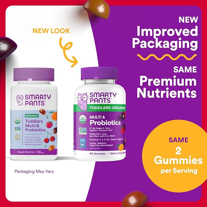 SmartyPants Organic Toddler Multivitamin Gummies: Probiotics,Omega 3 (ALA),Vitamin D3,C,Vitamin B12,B6,A,K&Zinc,Beta Carotene,Gluten Free,Three Fruit Flavors, (30 Day Supply),60 Count (Pack of 2)