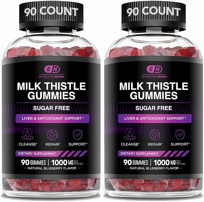Effective Nutra Milk Thistle Gummies | Sugar-Free Milk Thistle Extract 1000mg for Liver Detox & Antioxidant Support | Vegan, Gluten-Free| 45-Day Supply, Natural Berry Flavor, Made in USA (90 Count)