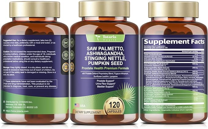 Totaria Organic Saw Palmetto with Pumpkin Seed - Prostate Health Supplements with Ashwagandha Root, Stinging Nettle, Prostate Defend Propnietary Blend, DHT Blocker for Men & Women, 120 Count