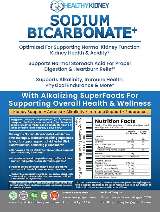 Kidney Restore Organic Sodium Bicarbonate Alkaline Supplement 1LB Cleanse 60 Caps Bundle – Supports Kidney Health, Neutralizes Stomach Acid, Alkaline Superfoods, Immune Support, Antacid & Vitamins f