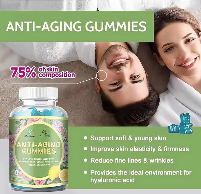 AIHIYO Anti-Aging Gummies, Promotes New Skin Cells Production Rejuvenation, Anti-Wrinkle & Antioxidant Support, Lemon Flavor, 60 Count
