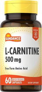 Sundance L-Carnitine as L-Tartrate Supplement 500mg | 60 Capsules | Free Form Amino Acid | Non-GMO and Gluten Free Pills