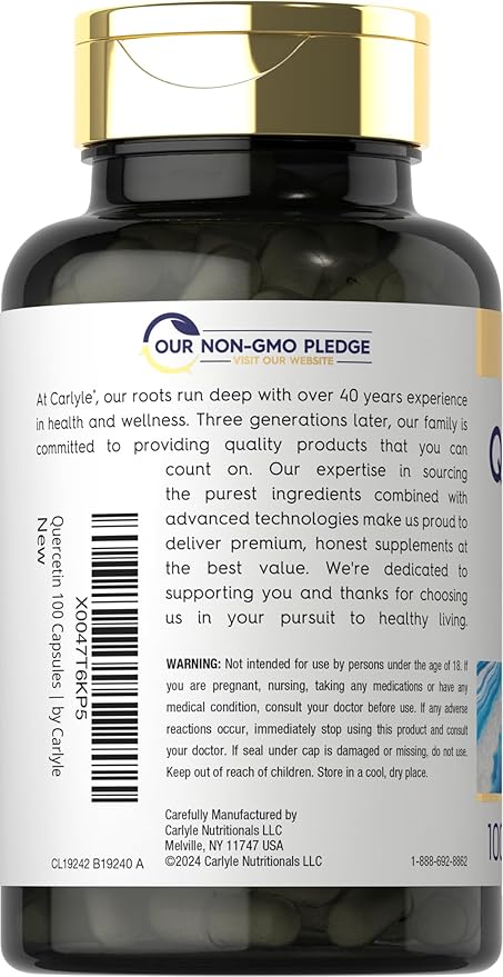 Carlyle Quercetin 500mg Capsules | with 50mg Zinc | 100 Count | Non-GMO and Gluten Free Supplement