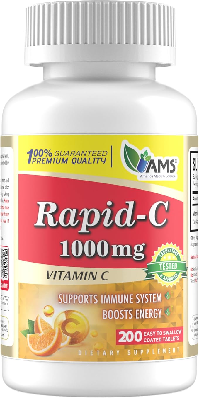 America Medic & Science Rapid-C 1000mg Vitamin C Supplement (1 Pack of 200 Tablets) Energy Booster, Daily Immune System Support, Antioxidant | Vegan, Non-GMO Coated Ascorbic Acid for Adult Men & Women