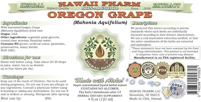 Hawaii Pharm Oregon Grape Alcohol-Free Liquid Extract, Oregon Grape (Mahonia aquifolium) Dried Root Glycerite Natural Herbal Supplement, USA 4 fl.oz