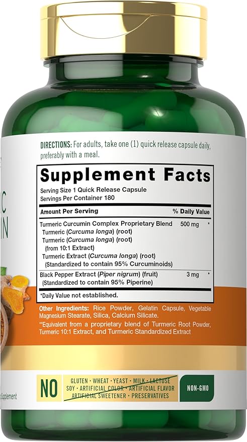 Carlyle Turmeric Curcumin Supplement | 180 Capsules | with Black Pepper Extract | Non-GMO & Gluten Free