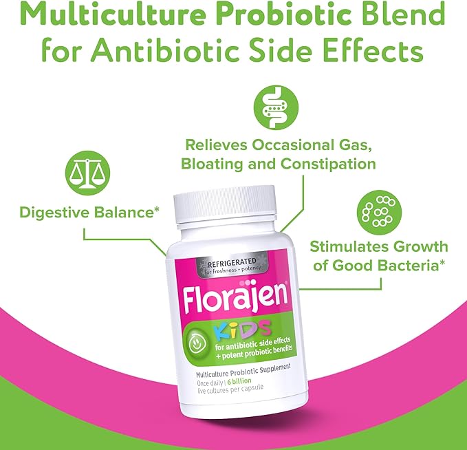Florajen Kids Probiotic - Daily Gut & Immune Support for Children 6 Months & Up - Constipation, Bloating, & Digestive Relief - Refrigerated for Freshness & Potency - 60 Capsules