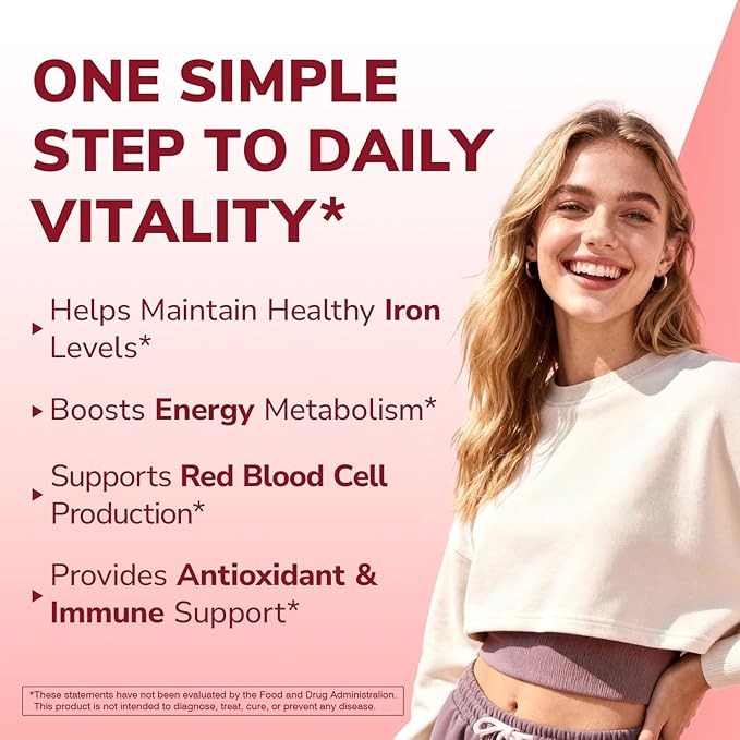 Iron Supplement for Women & Men, 65 mg, Ferrous Sulfate, Vitamin C, D3, B6, B12, Folate, Beet Root, Spinach, Pumpkin Seeds, Nettle, for Red Blood Cell & Energy Production, 120 Tablets