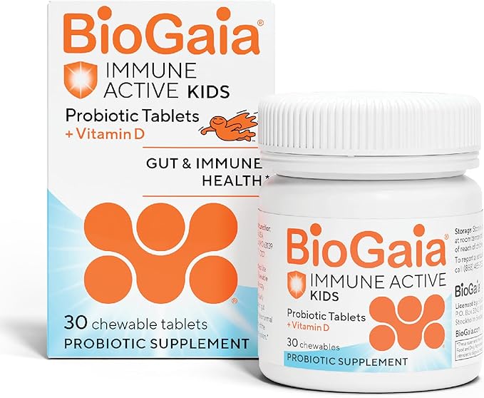 BioGaia Immune Active Kids | Probiotic + Vitamin D | for Digestive & Immune Health | Ages 3+ | Allergen, Dairy, Soy & Gluten Free | Trusted By Pediatricians | 30 Day Supply | Orange Flavored Chewable