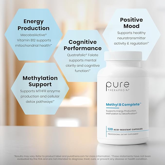 Pure Therapro Rx Methylated B Complex Vitamins Made in USA, 4 Month Supply | Methyl B Complete Quatrefolic 5-MTHF Folate, B12 Methylcobalamin, TMG Trimethylglycine, Methylfolate | Pharm Grade