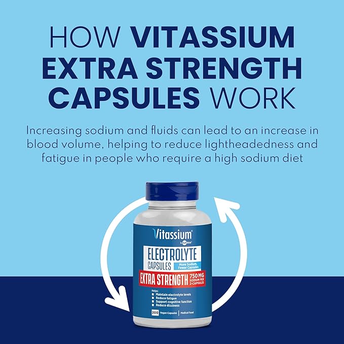 Vitassium Extra Strength Electrolyte Capsules - 750mg of Sodium for The Management of POTS and High Sodium Diets, Unflavored - 200 Salt Pills (Size 00)