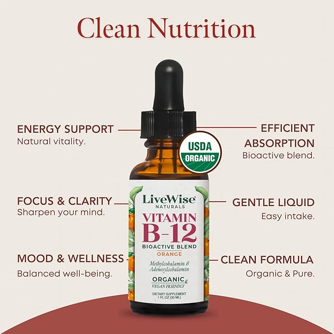 Organic Vitamin B12 1000 mcg Sublingual Liquid Drops For Adults, 6 Months Supply 1 oz, Methylcobalamin & Adenosylcobalamin - Bioactive Blend for Energy, Clarity & Focus - Vegan, Non-GMO, Orange Flavor