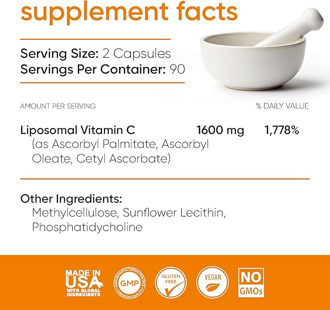 Liposomal Vitamin C 1600mg High Absorption Capsules with Sunflower Lecithin, Fat-Soluble Vitamin C Supplement for Immune, Collagen and Antioxidant Support, 180 Vegan Capsules