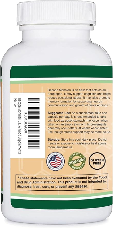 Bacopa Monnieri Capsules 20% Bacosides 450mg, 90 Count (Non-GMO, Gluten Free) Brahmi Extract (Memory Supplement for Brain Health, Focus, and Cognitive Function) by Double Wood