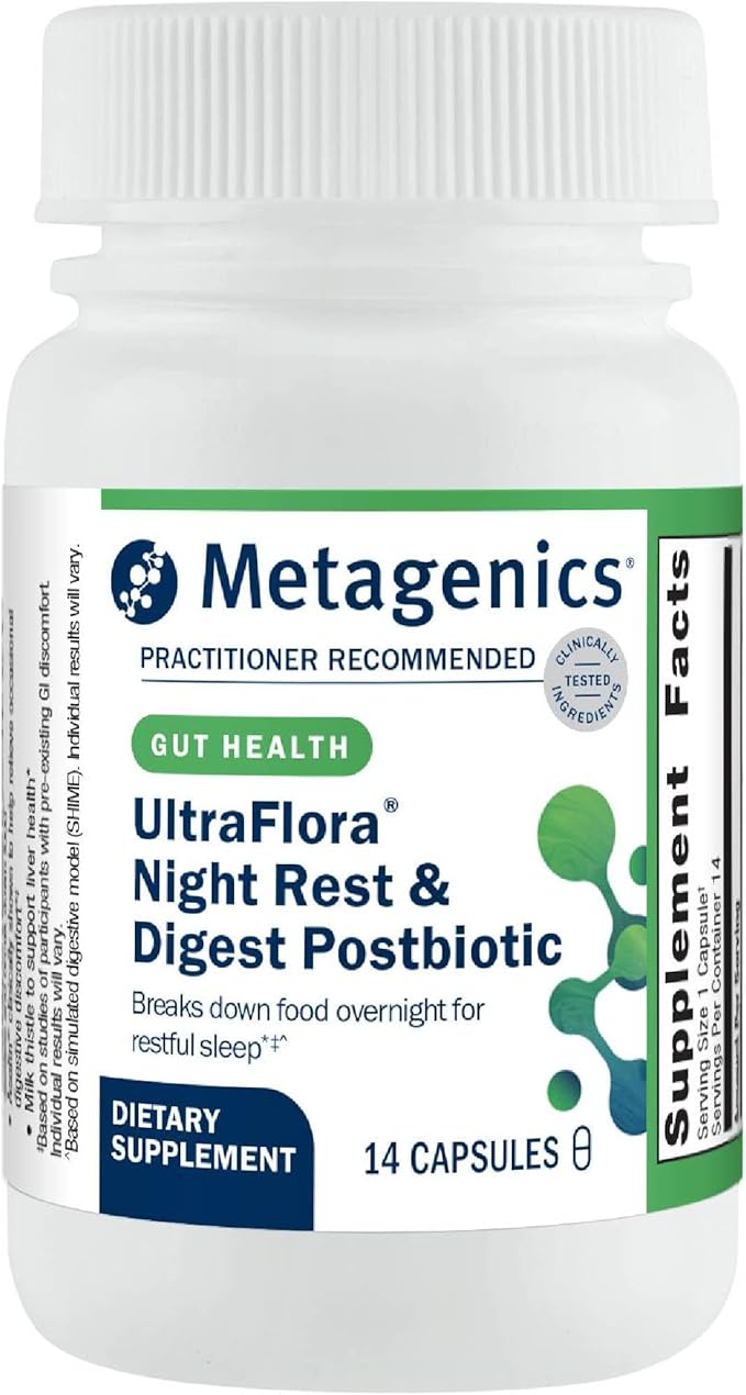 Metagenics UltraFlora Night Rest & Digest Postbiotic - Postbiotic Capsules - Digestive Enzymes & Botanical Extracts - Nighttime Formula to Support Gut-Brain Connection & Restful Sleep - 14 Capsules