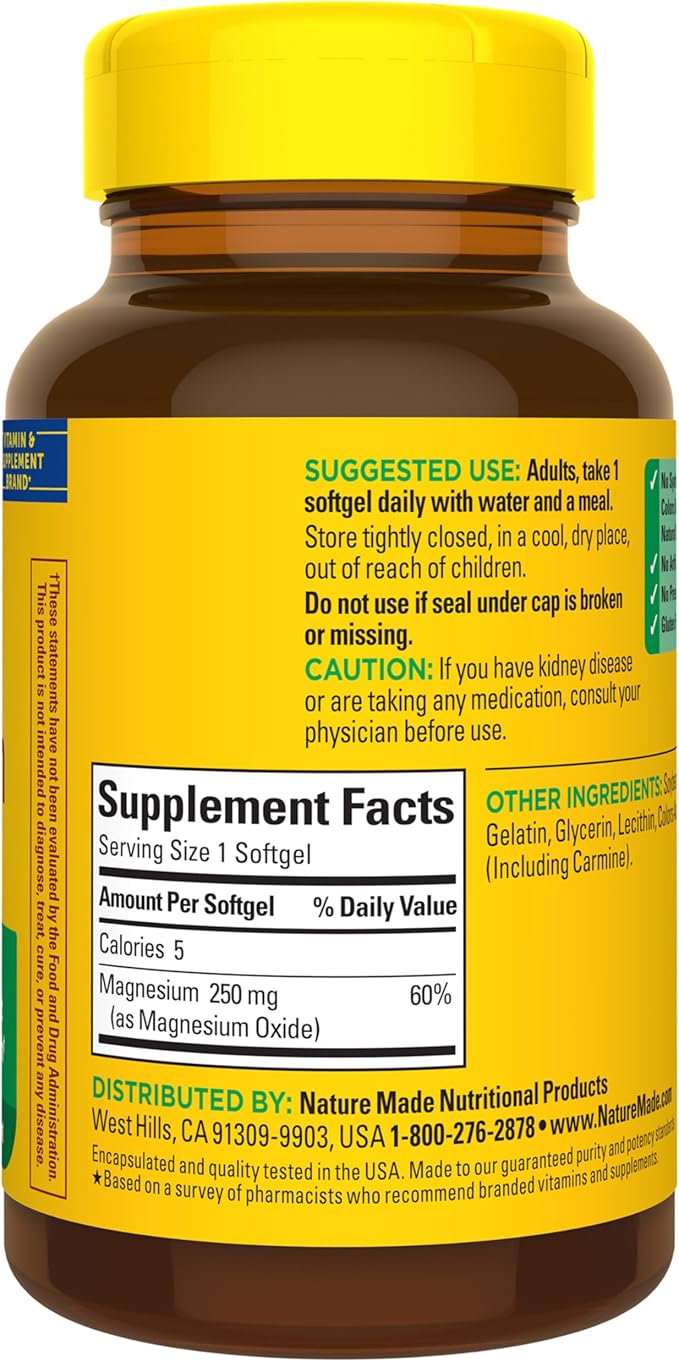 Nature Made Magnesium 250 mg, Magnesium Supplements for Men and Women, Support for Muscle, Heart, Bone and Nerve Health, 90 Softgels, 90 Day Supply