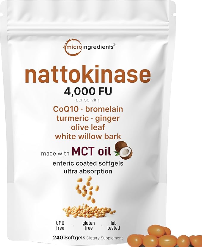 Micro Ingredients Nattokinase 240 Softgels, 200mg (4,000 FU) Per Serving | 7-in-1 Ultra Absorption Cardiovascular Supplement with CoQ10, Bromelain, Turmeric, Ginger, Olive Leaf, & White Willow Bark