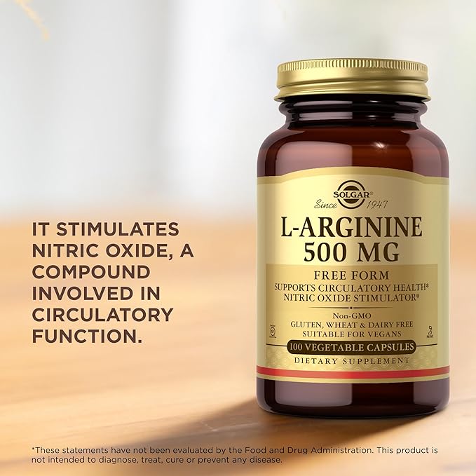 Solgar L-Arginine 500 mg - 100 Vegetable Capsules - Nitric Oxide Stimulator - Non-GMO, Vegan, Gluten Free, Dairy Free, Kosher - 100 Servings