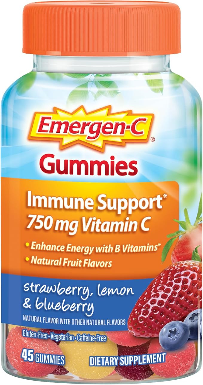 Emergen-C 750mg Vitamin C Gummies for Adults, Immune Support Gummies, Gluten Free, Strawberry, Lemon and Blueberry Flavors, Back to School Essentials - 45 Count