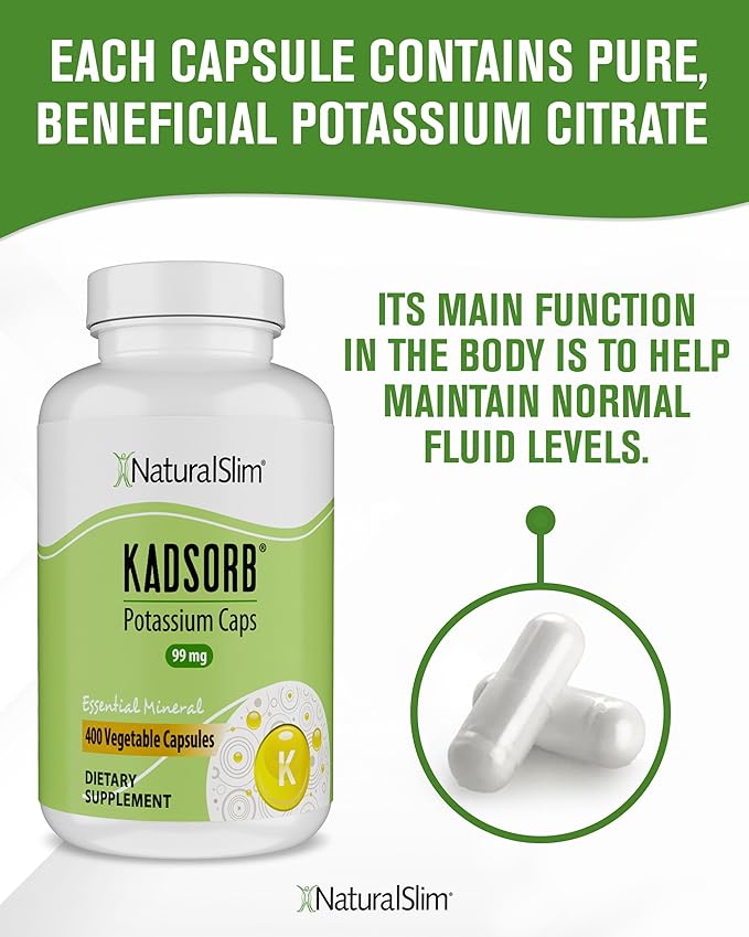 NaturalSlim Natural Potassium Citrate Gluconate 99 mg - Kadsorb Supports Electrolyte Balance & Normal pH - Absorbable Potassium Supplements with Essential Minerals - Non GMO 400 Capsules 2 Pack