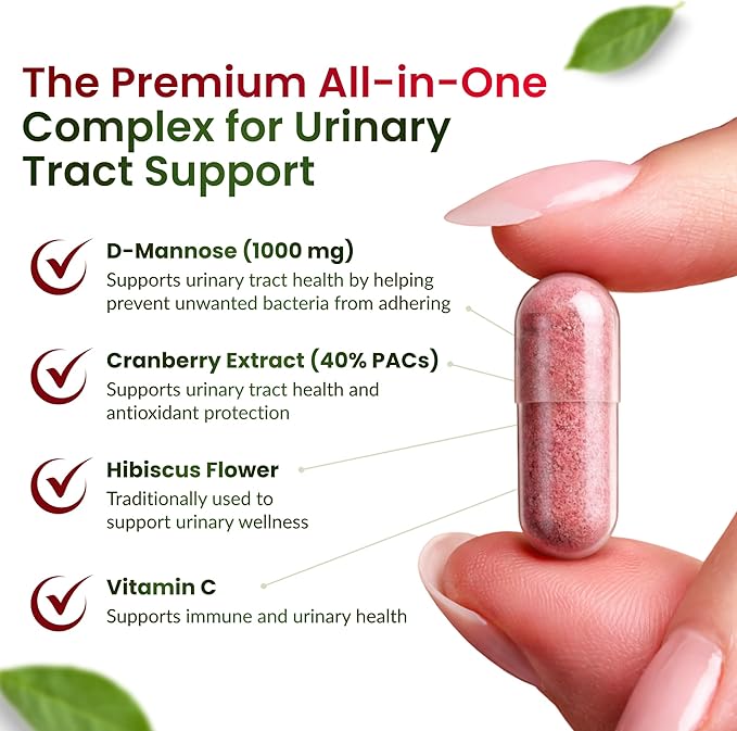 ForestLeaf D Mannose 1000mg Capsules - D-Mannose with Cranberry, Hibiscus & VIT C, Urinary Tract Health for Women and Men, Organic DMannose Pills for UTI, Urinary Health & Bladder Support 60 Capsules