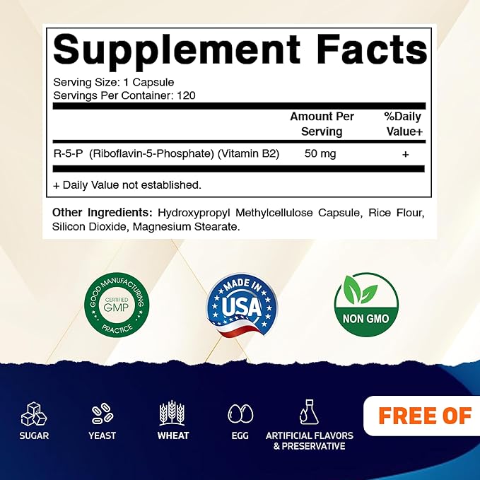 Vitamatic R-5-P Riboflavin-5-Phosphate (Vitamin B2) 50 mg | 120 Capsules | High Potency, Easy-to-Swallow Vegetarian Capsules