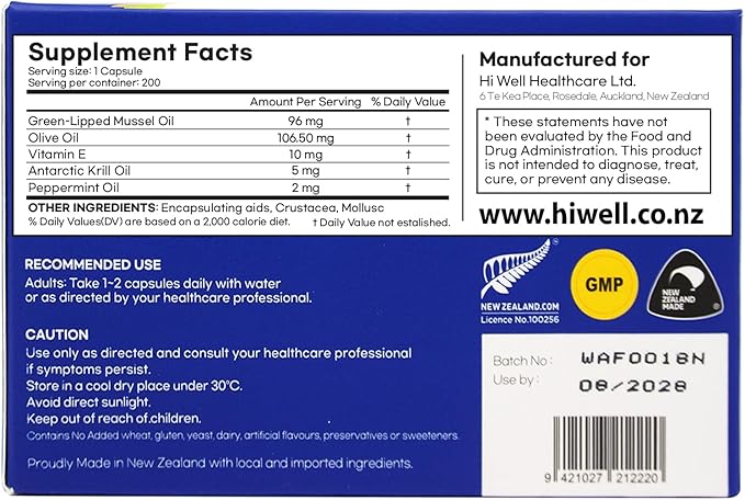 Hi Well Premium New Zealand Green-Lipped Mussel Oil //200 Softgel Capsules//Sourced from Pristine New Zealand Waters(2)