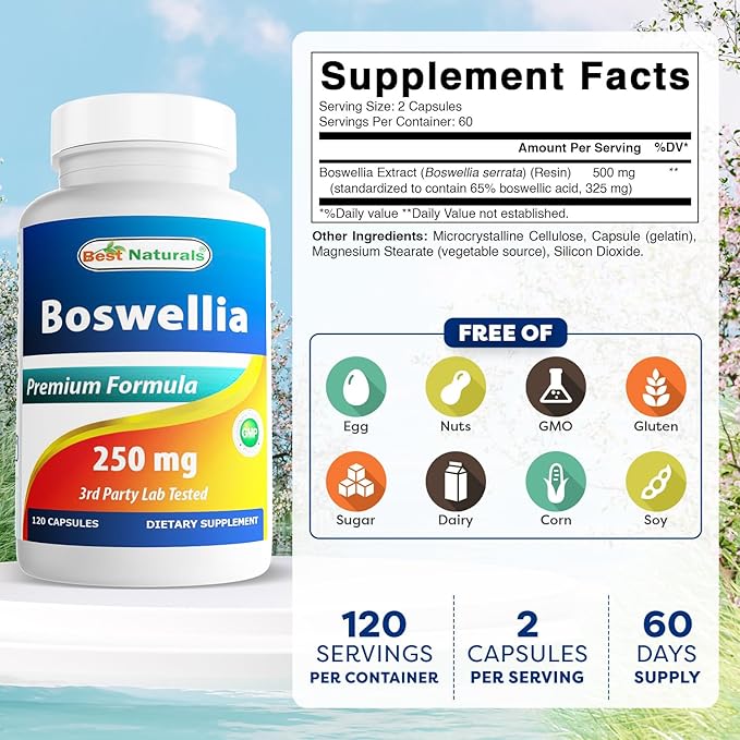 Best Naturals Boswellia Serrata Joint Health 250 mg 120 Capsules - Standardized to 65% Boswellic Acid (120 Count (Pack of 2))