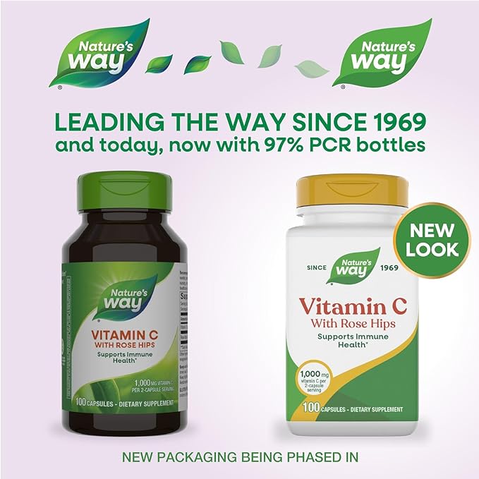 Nature's Way Vitamin C with Rose Hips, Powerful Antioxidant & Immune Function Support from Vitamin C*, Promotes Collagen for Healthy Skin*, 1,000 mg Vitamin C, 100 Capsules (Packaging May Vary)