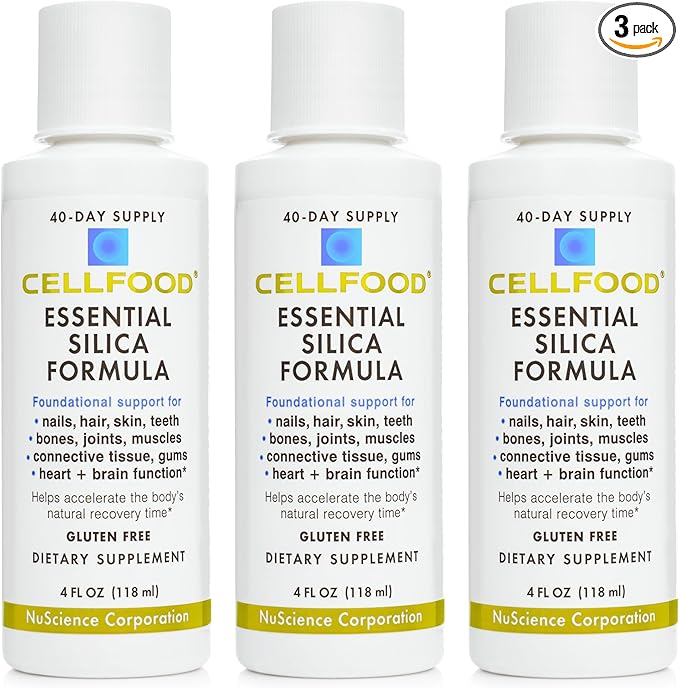 Cellfood Essential Silica Anti-Aging Formula - 4 fl oz, 3 Pack - Supports Healthy Bones, Joints, Hair, Skin, Nails, Teeth & Gums - Easy to Absorb - Gluten & Thiaminase Free, Non-GMO - 120-Day Supply