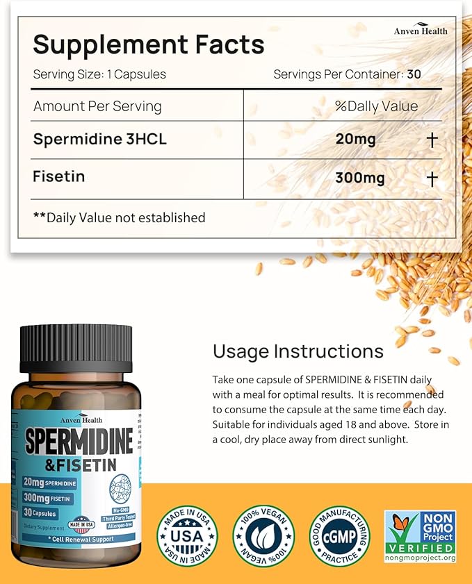 Probiotics & Spermidine Supplement - 100B CFU, 27 Strains, 20mg Spermidine, 300mg Fisetin for Gut Health, Cell Renewal & Longevity