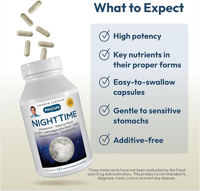 ANDREW LESSMAN Night Time 180 Capsules - 3mg Melatonin, Valerian, Ashwagandha, Passionflower, Hops, Chamomile. No Morning Grogginess. Natural Support, Gentle Restful Sleep. Easy to Swallow Capsules