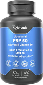 Naturalis Liposomal P-5-P 50mg Activated Vitamin B6 Nano-Emulsified in MCT Oil for Better Absorption | Non-GMO and Soy Free | Support Energy Metabolism and Neurological Function | 180 Softgels