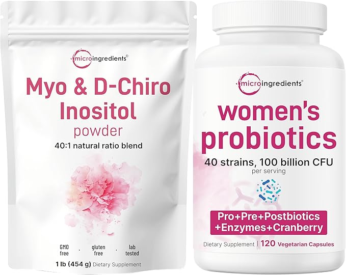 Micro Ingredients Myo-Inositol with D-Chiro Inositol Powder & Women’s Probiotics 100 Billion CFU Veggie Capsules | 2 Pack Bundle | 40:1 Ideal Ratio | 40 Strains + Cranberry & D-Mannose