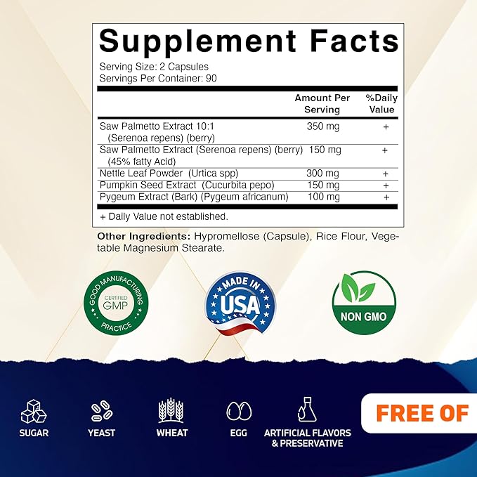 Vitamatic Saw Palmetto Extract for Men & Women 180 Veg Capsules - Made with Pumpkin Seed, Pygeum, Nettle Leaf - Made in the USA - Promotes Healthy Prostate Function