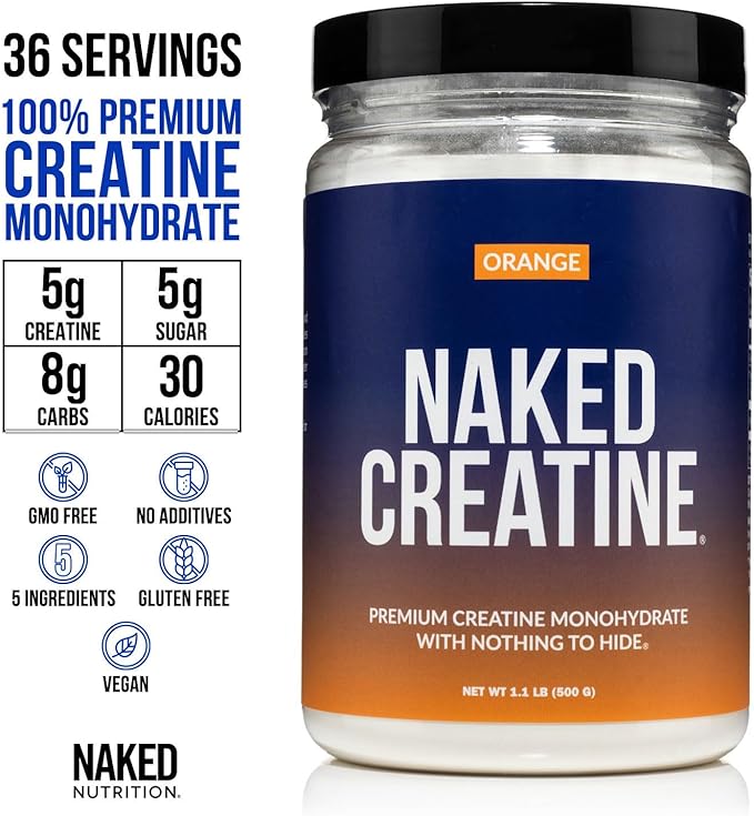 NAKED Pure Micronized Orange Creatine Monohydrate - 36 Servings - 500 Grams, 1.1Lb Bulk, Vegan, Non-GMO, Gluten Free, Soy Free. Aid Strength Gains, No Additives
