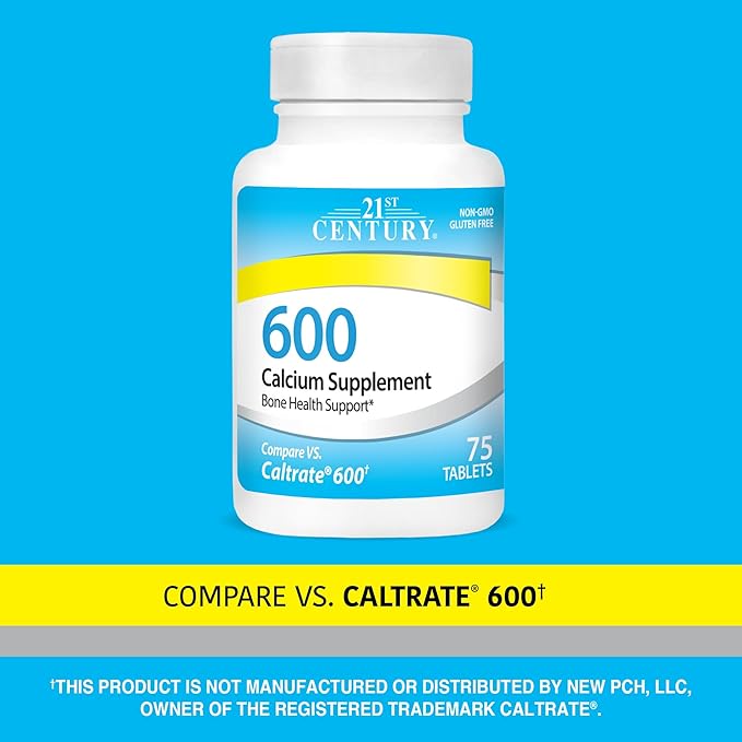 21st Century Calcium 600 mg Supplement (75 Tablets), Vegan-Friendly Bone Strength Calcium Supplement, Non-GMO & Gluten-Free Calcium Carbonate, No Artificial Flavors, Suitable for Men & Women