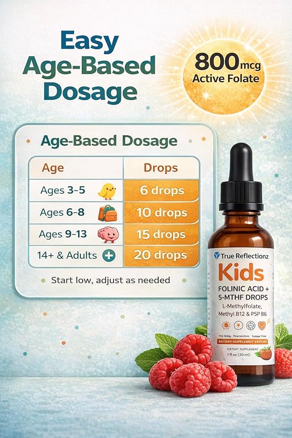 Folinic Acid Drops Kids 800 mcg + L-Methylfolate + B12 +P5P B6 Gentle Methylation Great Taste, Magnesium Glycinate, Vitamin D3 & C Folate Support for Brain,Focus, Mood & Cellular Health 5-MTHF Drops