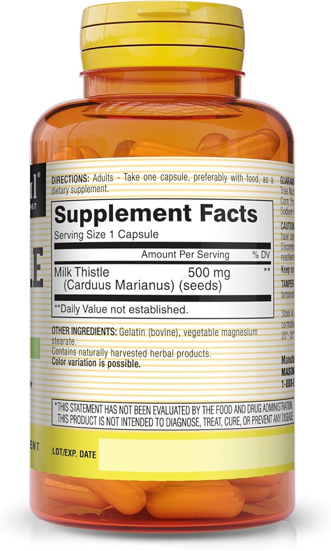 MASON NATURAL Milk Thistle 500 mg - Support Healthy Liver Function, Cleanse and Detox, Herbal Dietary Supplement, 60 Capsules