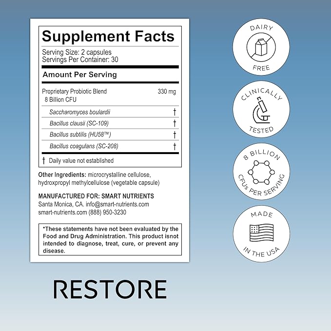 RESTORE | Digestive Probiotics & Antioxidant Daily Supplement | Supports IBS & Gut Health | 4 Clinically Proven Strains Including 3 Spore-Based Probiotics | 60 Capsules | 30 Day Supply, 1-Pack