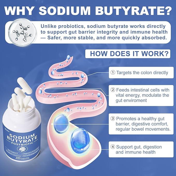Sodium Butyrate, Butyrate Gut Health Supplement, Postbiotic for Gut, Stomach & Digestive, Support IBS, Leaky Gut, Gas & Bloat, Low Odor, 100 Vegan Capsules