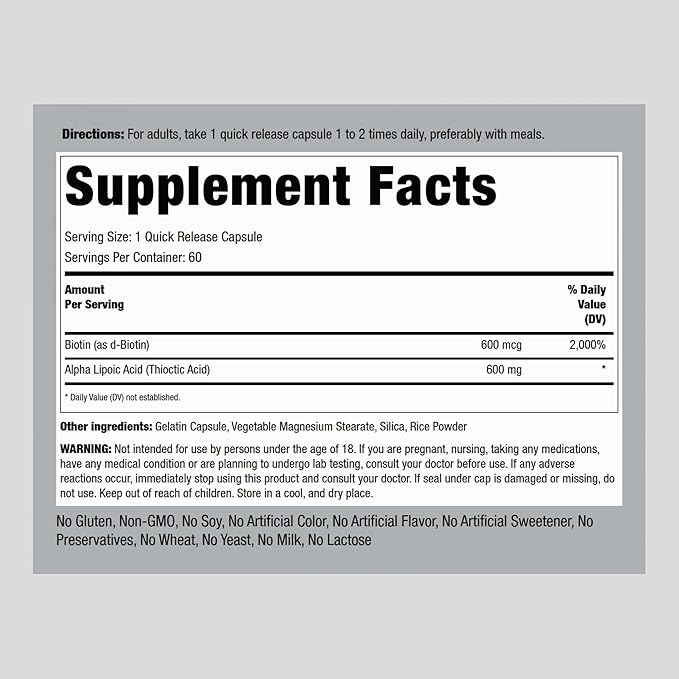 Piping Rock Alpha Lipoic Acid 600mg | ALA with Biotin Optimizer | 60 Capsules | Non-GMO, Gluten Free Supplement