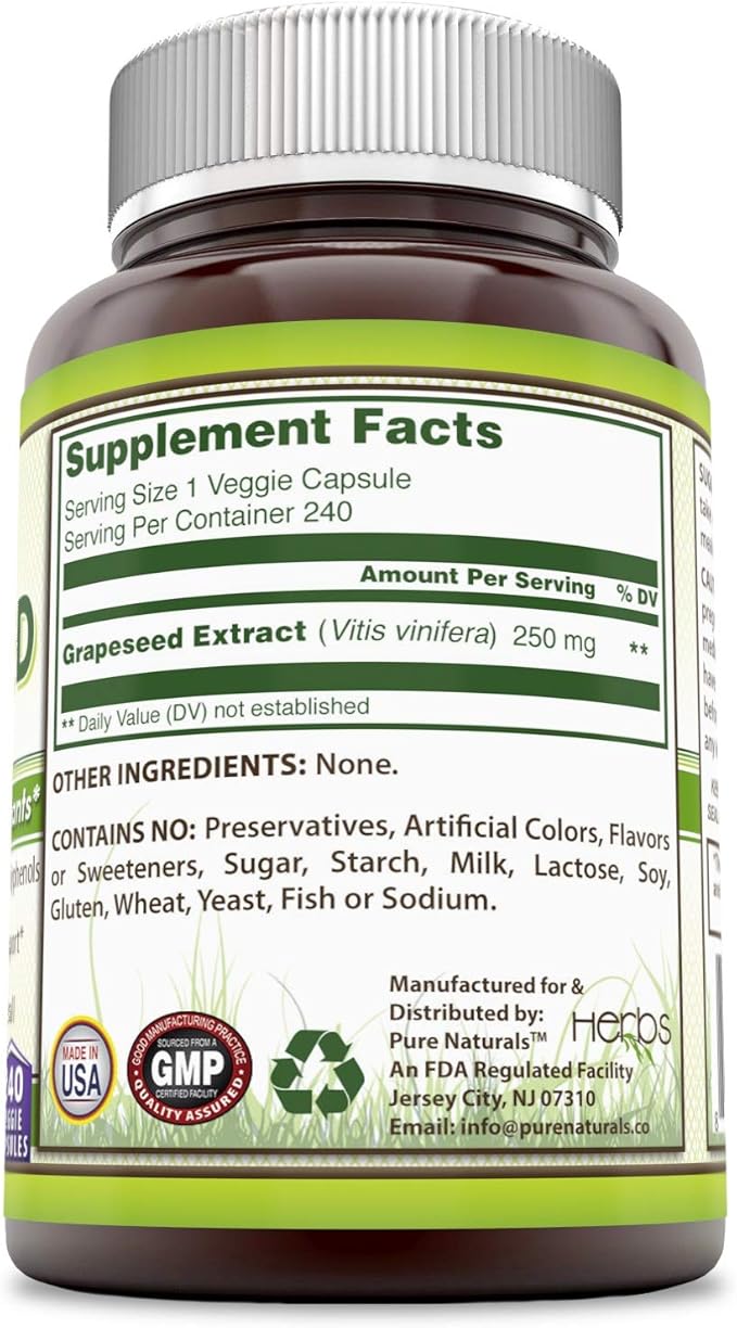 Pure Naturals Grapeseed Extract 250 Mg, 240 Veggie Capsules (Non-GMO), Standardize to Contain Polyphenols, Cardiovascular & Vein Support, Supports Anti-Aging & Overall Well-Being