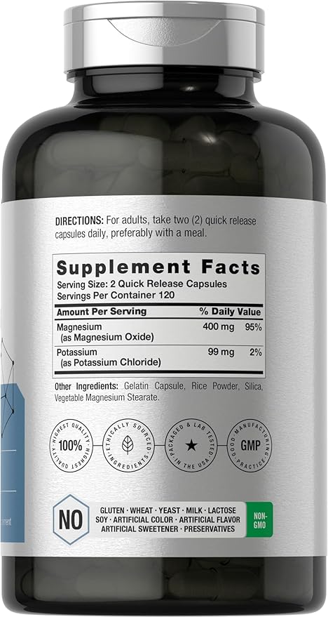 Horbäach Potassium Magnesium Supplement | 240 Capsules | Premium Quality | Non-GMO & Gluten Free