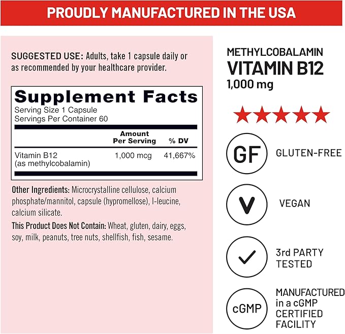 NatureWise Vitamin B12 Methylcobalamin - Active Form for Ultra Absorption - 1000mcg Methylated B12 for Energy, Nerve & Heart Support - Non-GMO, Vegan, USA Manufactured - 60 Capsules[60-Day Supply]