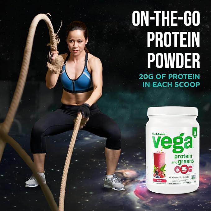 Vega Premium Protein + Supergreens, Berry – 20g Vegan Protein, Dairy & Gluten Free, 19.2 oz (18 Servings)